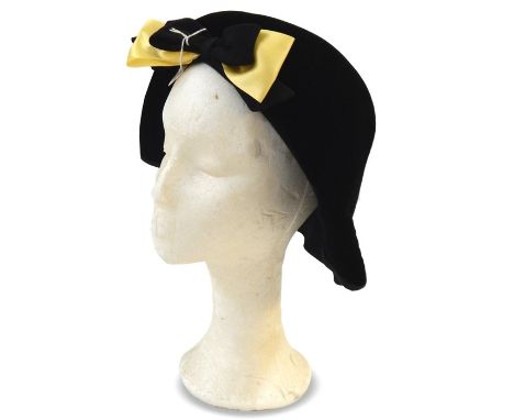 Marcelle George black velvet hat trimmed with yellow satin and black grosgrain bow, labelled 'Marcelle George, 48 Rue de Para