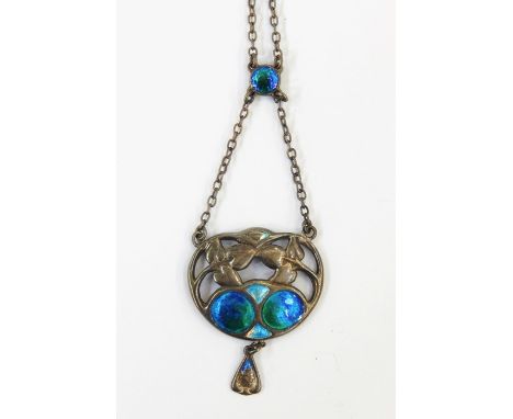 Charles Horner (1837-1896) Art Nouveau silver and enamel pendant with enamel drop, the centre with stylised flowers and ename