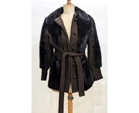 Mink and brown knitted jacket labelled 'Harley Parish Quart Furriers', approx size 12 and a black rabbit short jacket, also m