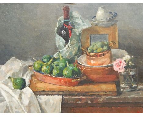 Pamela K. R.C.A. oil on board, "Green figs and Greengages" 32 x 42cm