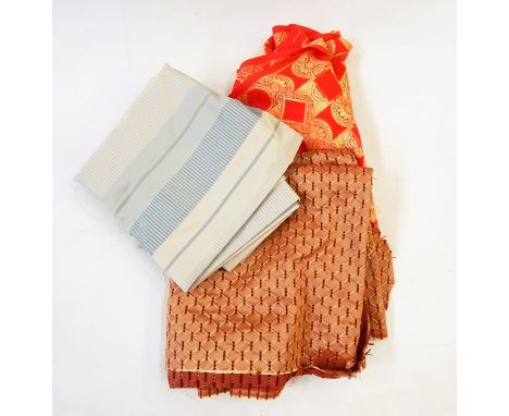 Large quantity of furnishing fabric, dressmaking fabrics, remnants, lengths, a pair of grey lined curtains, etc (1 box)