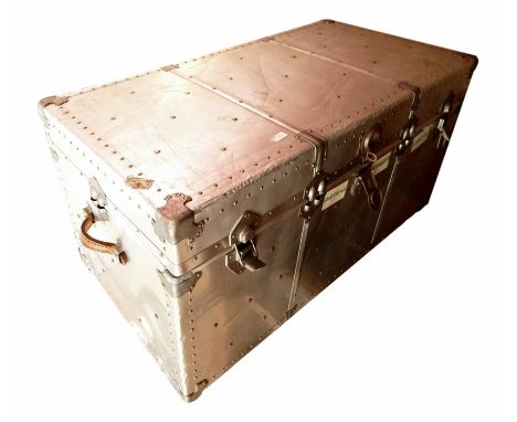 20th century aluminium chased steamer-type trunk&nbsp;with brown leather handles, 102cm x 52.5cm&nbsp; 