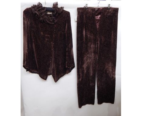 Emmanuel Ungaro Couture brown velvet jacket with chiffon frilled collar; an embroidered top and brown velvet matching trouser