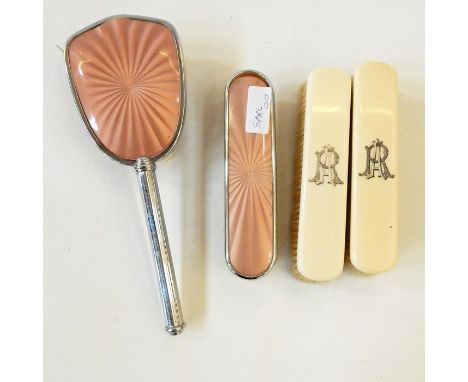 Ivory gentleman's brush set, two brushes monogrammed 'AR'; a faux enamel and metal backed mirror and brush, another, glove st