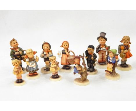 Eleven Goebel Hummel figures of children, incl. boy in top hat, girl with embroidery (af) (11)Condition ReportThe top hat on 