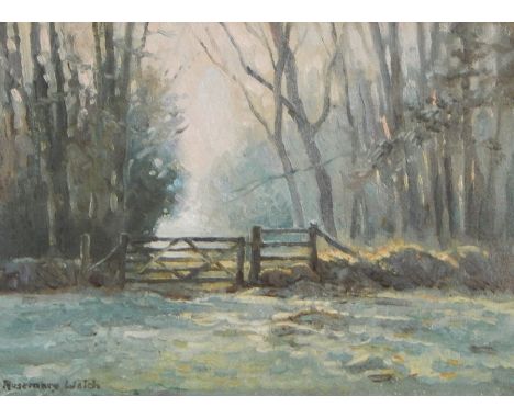 Rosemary Welch, Oil on canvas, "Still Morning" winter woodland scene with field and gate in foreground, signed, 14.5 x 20cm C