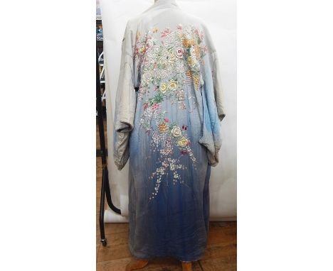 Silk kimono ,heavily embroidered with flowers, wisteria, etc, in pale blue silk; a nylon bed jacket with a cotton dressing go