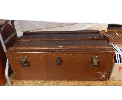 Large travelling trunk, canvas banded with wood and metal, marked 'Sheppardy, Bombay', containing assorted vintage gentleman'