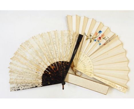 Embroidered fan with bone guards and sticks, embroidered in flowers in tiny chain stitch (not finished), a tortoiseshell and 