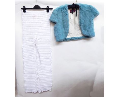 Pair of white Zandra Rhodes pleated satin trousers open at the sides, with pearl buttons, labelled 'Zandra Rhodes London', el