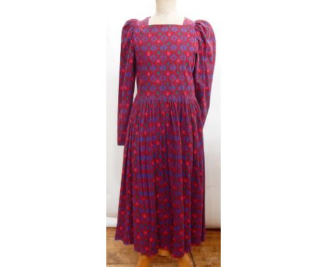 Four vintage Laura Ashley dresses, one strapless taffeta in dark blue, a raw silk pale blue and grey striped ballerina length