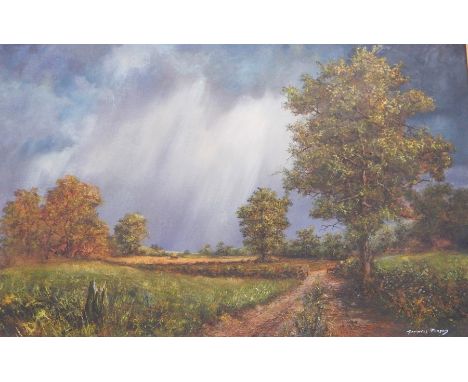 Maxwell Parsons, oil on canvas, country track with gate and trees, signed 59.5 x 90cm&nbsp;