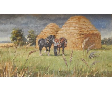 Rosemary Sarah Welch, Oil on canvas, farmhand with carthorses in field next to two haystacks, signed 22 x 39.5cm Condition Re