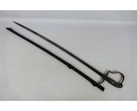 A late 19th century Prussian artillery officer's sword, 80 cm (l) slightly curved fullered blade, stirrup hilt and shagreen w