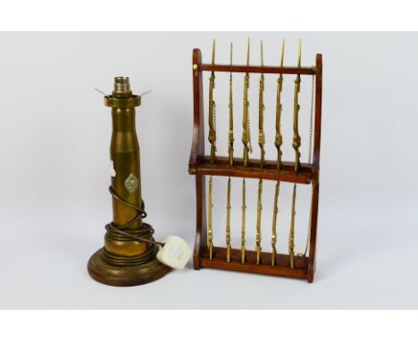 Trench Art - A World War Two (WW2 / WWII) brass shell casing with Royal Tank Corps badge, converted to a table lamp, approxim