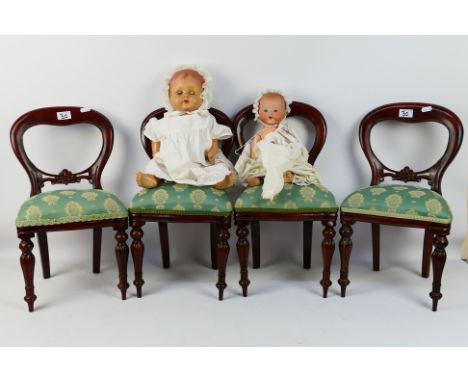 Armand Marseille - Two vintage dolls with four children's balloon backed chairs. The dolls include an Armand Marseille bisque