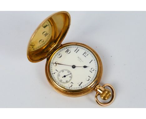 A rose gold plated Waltham full hunter pocket watch, Roman numerals to a white enamel dial, subsidiary seconds dial, movement
