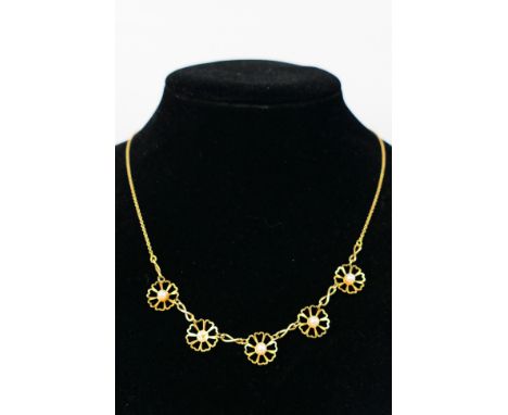 A 9ct yellow gold necklace set with pearl beads (one deficient), 47 cm (l), approximately 5.2 grams. [W]