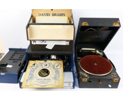 A vintage Dansette Consort Stereo Record Player in two tone blue and black case with two detachable speakers, a Columbia Graf
