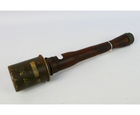 A World War Two (WW2 / WWII) period German Type 39 smoke grenade (Nebelhandgranate M39), inert, approximately 36 cm (l), wood