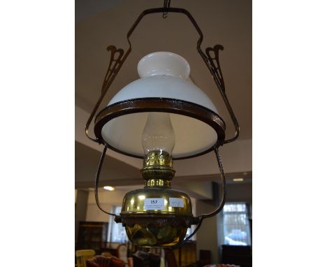 Period Brass Oil Lamp with White Glass Shade (Converted to Electricity) 