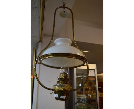 Period Brass Oil Lamp with White Glass Shade (Converted to Electricity) 