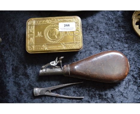 Vintage Leather Powder Flask, Shot Mould and a WWI Chocolate Tin 