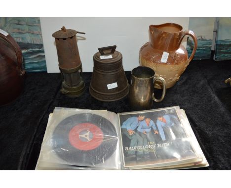 Huntley &amp; Palmers Biscuit Tin, Miners Lamp, 7" Singles, and a Glazed Jug 