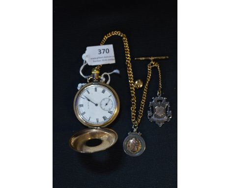 Elgin Gold Plated Gents Pocket Watch made in Canada, and Two Hallmarked Silver Fobs with 9ct Gold Bars on Standard Chain 