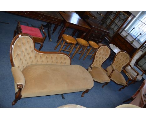 Mahogany Framed Chaise Lounge in Light Gold Upholstery and Two Matching Nursing Chairs  