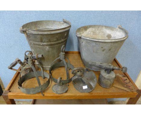 Two galvanised buckets, metal ware, bronze galleries, etc. 