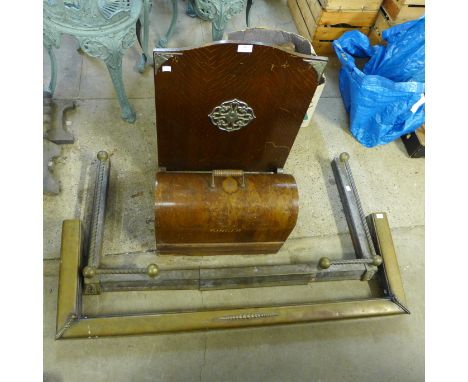 Two Victorian brass fenders, oak fire screen and a Singer sewing machine 