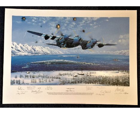 Philip E West Tirpitz Re Visited Artists Proof signed by an impressive 16 WW2 Mosquito Pilots Navigators, the print shows the