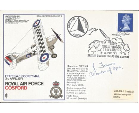 J. Follows signed RAF Cosford First RAF Rocket Mail 3rd April 1971 FDC missing blue. Flown from Birstall over the river Soar 