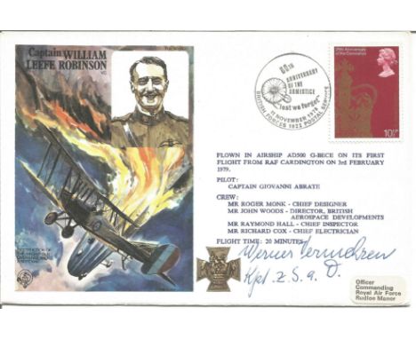 L35 Zeppelin ace Kapt Werner Vermehren signed Captain William Leefe Robinson FDC No. 397 of 1289. Flown in airship AD500 on i
