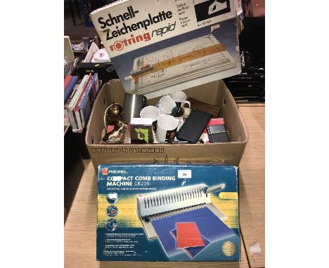 BOX OF ASSORTED ITEMS INCL COMPACT COMB BINDING MACHINE