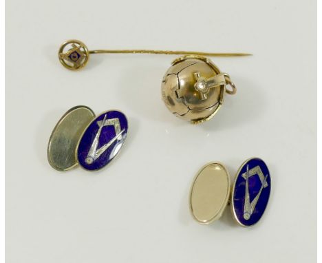 A pair of 9ct gold and enamel Masonic cuff links, 8.8g gross, an enamelled Masonic stick pin and a spherical Masonic ball pen
