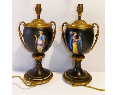 A pair of 19th century porcelain ormolu mounted vases, later converted to table lamps, the black ground bodies with hand pain