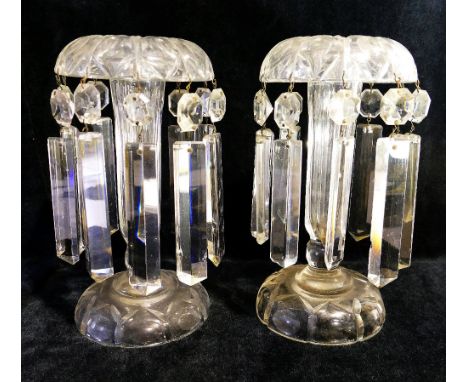 A pair of Victorian clear cut glass vases hung with lustres, 23cm high and another pair converted to lamps, 26.5cm high (Not 