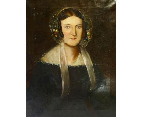 19th Century British, portrait of a lady in mourning clothes, wearing a lace lined bonnet trimmed with flowers, unsigned, 71c