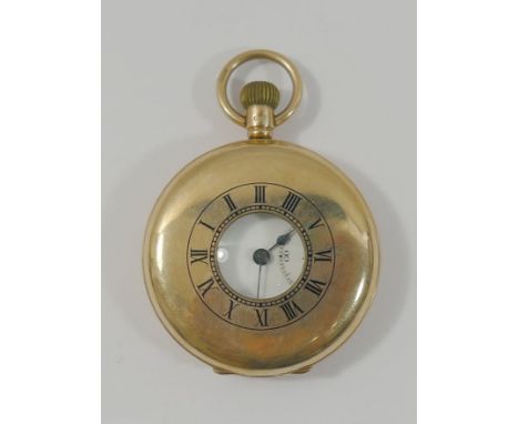 A J W Benson 9 carat gold cased half hunter pocket watch, Birmingham 1926, in working order, bearing inscription to the insid