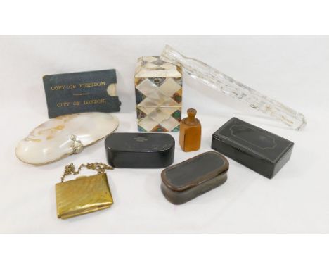 A mother of pearl and abalone playing card case, three Georgian snuff boxes and a treen dice holder, a shell purse, a brass p