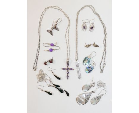 A Mackintosh style silver pendant on a silver coloured metal chain, a pair of Celtic knot earrings, and amethyst, mother of p