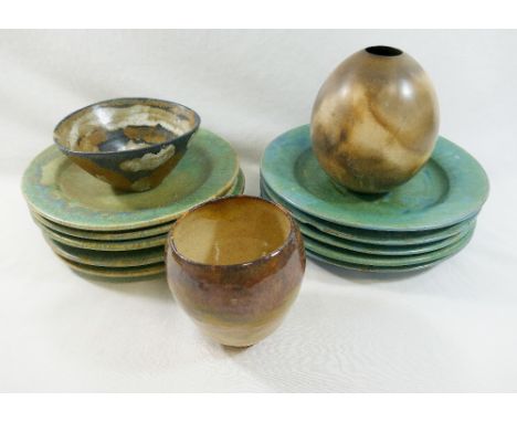 Five Upchurch Pottery plates, with impressed stamp to the reverse, 21cm diameter, and another five slightly smaller similar p