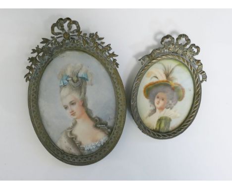 Two 19th century French oval portrait miniatures of  Madame de Pompadour, signed Andre 9.5cm x 7cm, and a smaller similar ova