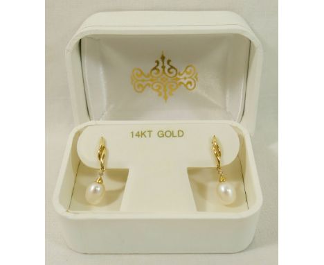 A pair of yellow metal cultured pearl and diamond drop earrings, with stick backs, stamped '14K', 2.5cm long, 2.5g gross, in 