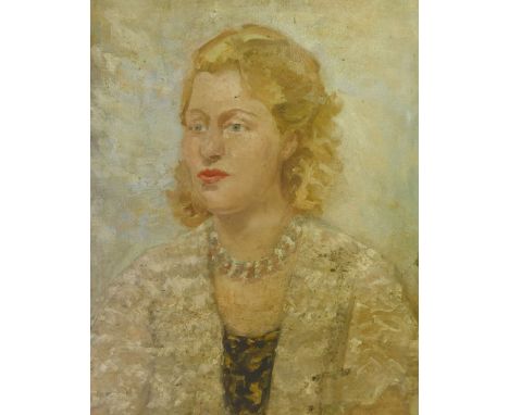 20th Century British, portrait of a blonde lady, oil on canvas, unsigned, indistinctly inscribed to the reverse 'Sheila S Hen