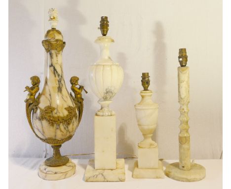 Four alabaster and marble table lamps, including a large gilt metal vase-shaped lamp, the ornate mount cast with pipe playing