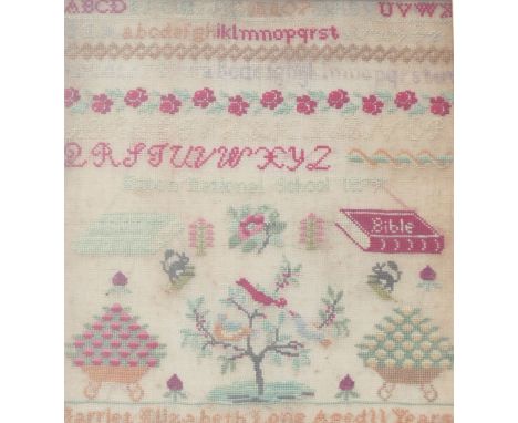 A 19th century sampler by 'Hariet Elizabeth Long Aged 11 Years', featuring the alphabet both upper and lower case, baskets of