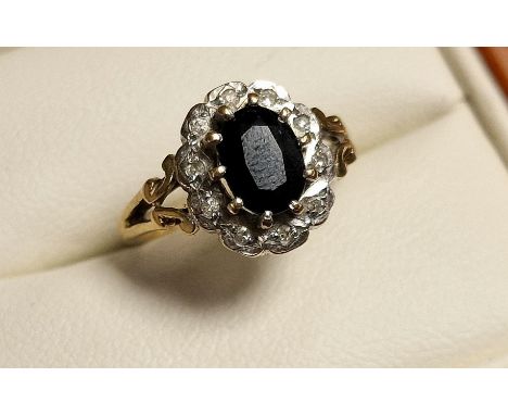 9ct Gold, Sapphire &amp; Diamond Dress Ring (Princess Diana style) - 2.35g &amp; size I